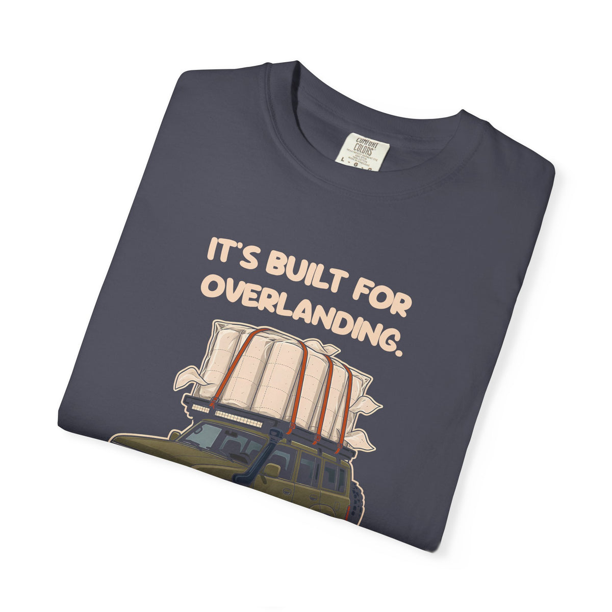Folded navy Built for Overlanding tee by Mildly Unavailable, close-up of the front design
