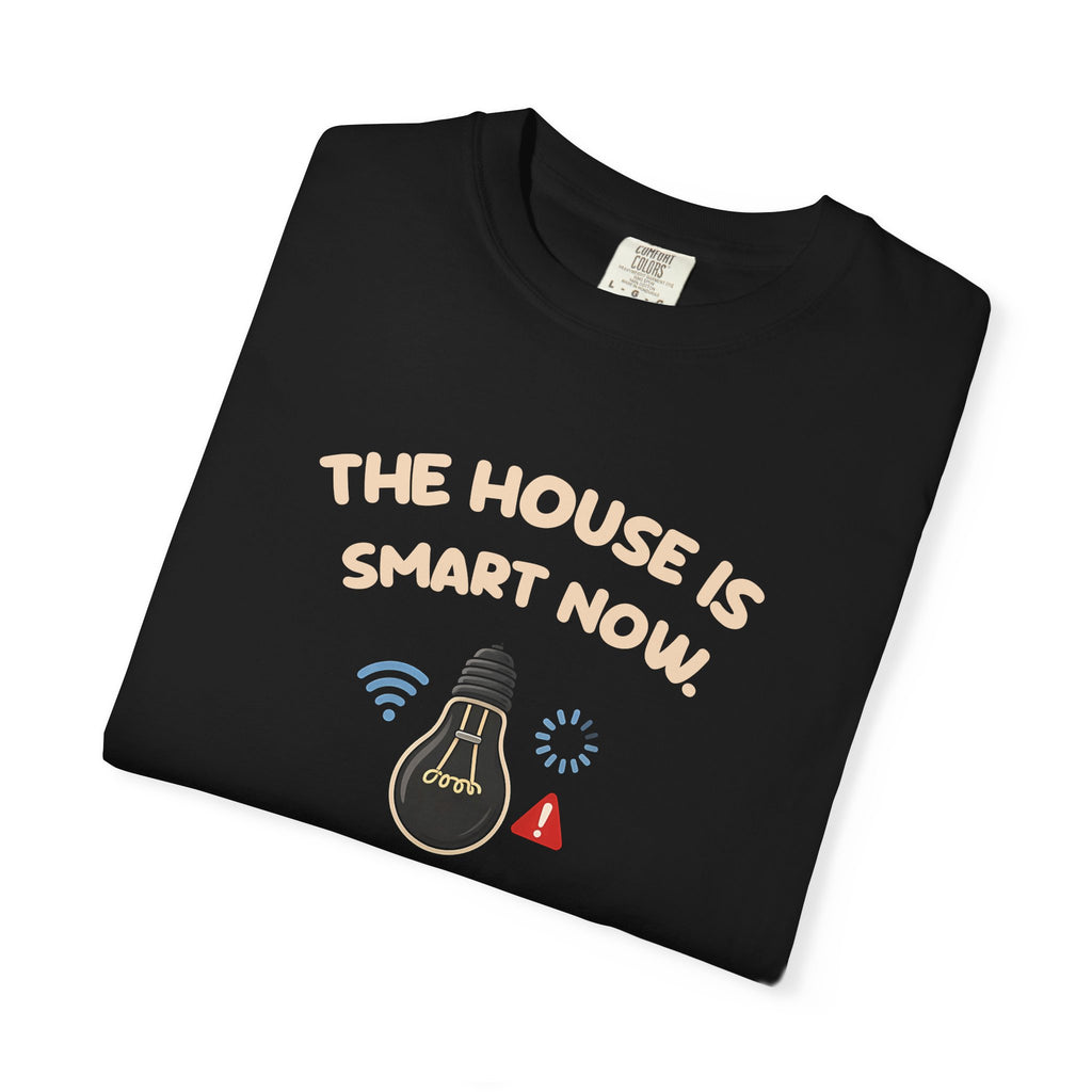 Folded black The House Is Smart Now tee by Mildly Unavailable, close-up of the front design