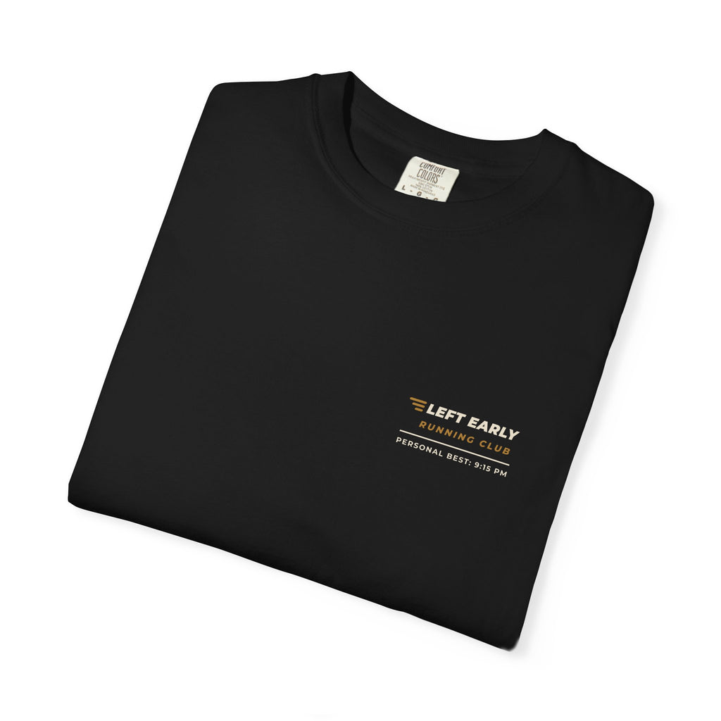 Folded black Left Early Running Club tee by Mildly Unavailable
