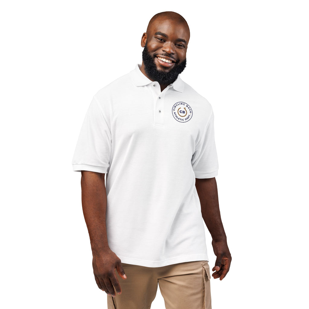 Model wearing the white Circling Back Athletic Dept. polo by Mildly Unavailable