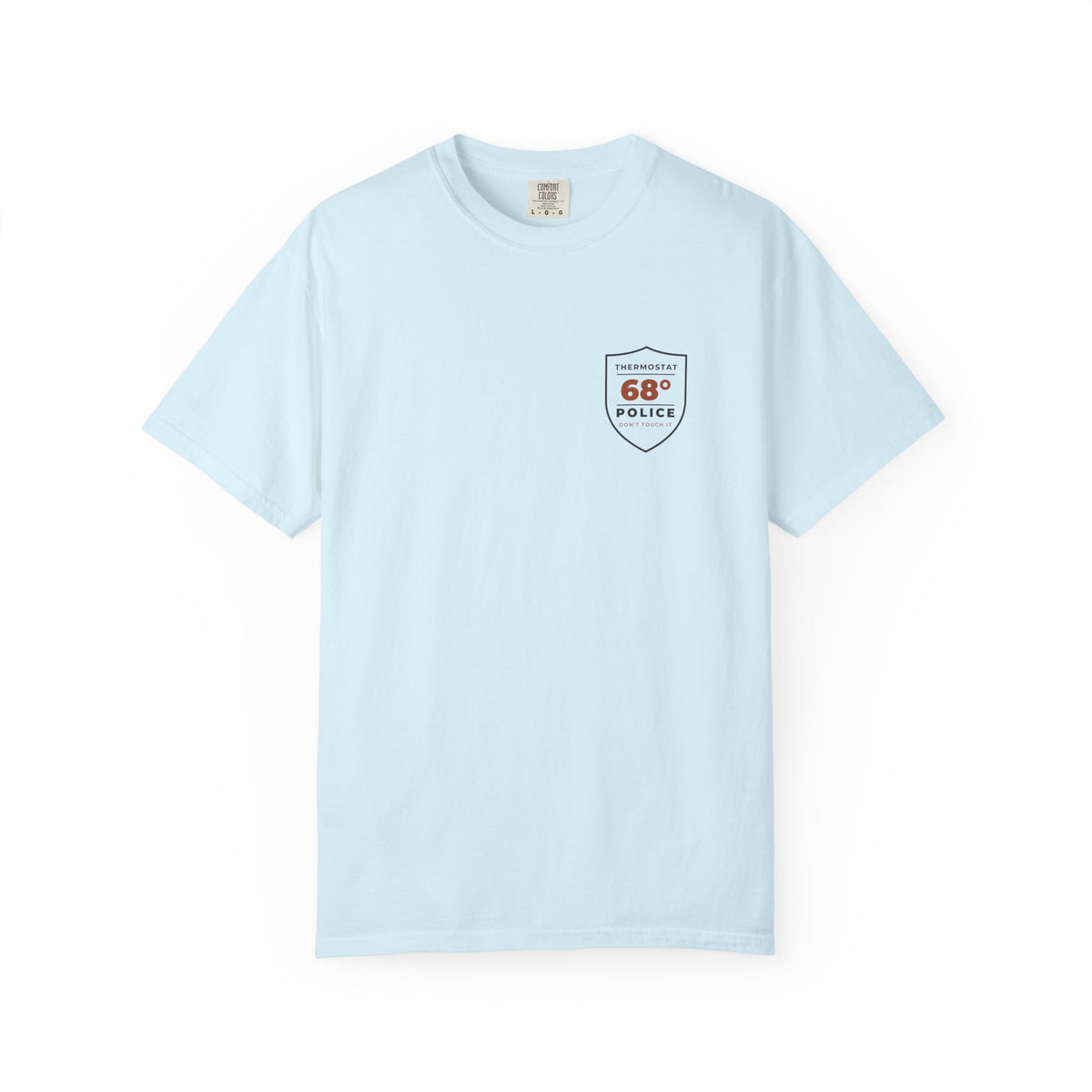 Front of the chambray Thermostat Police tee by Mildly Unavailable: a small left-chest Thermostat Police tee, 68°, don't touch it