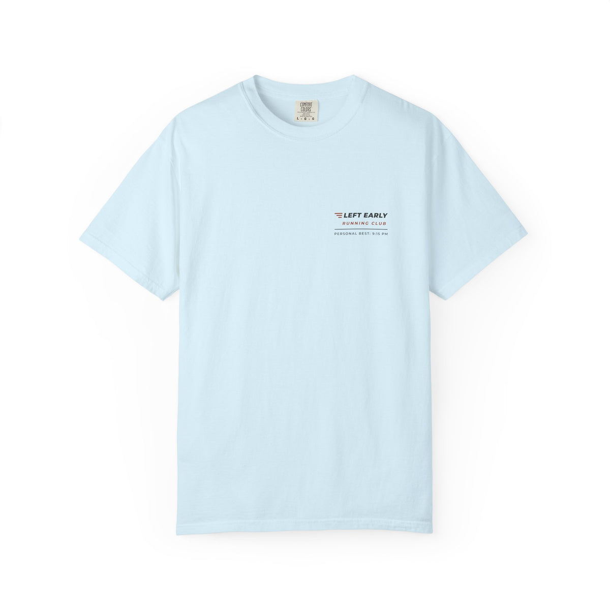 Front of the chambray Left Early Running Club tee by Mildly Unavailable: a small left-chest Left Early Running Club tee, personal best 9:15 PM
