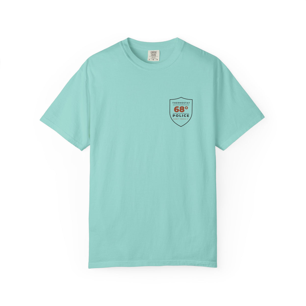 Front of the chalky mint Thermostat Police tee by Mildly Unavailable: a small left-chest Thermostat Police tee, 68°, don't touch it