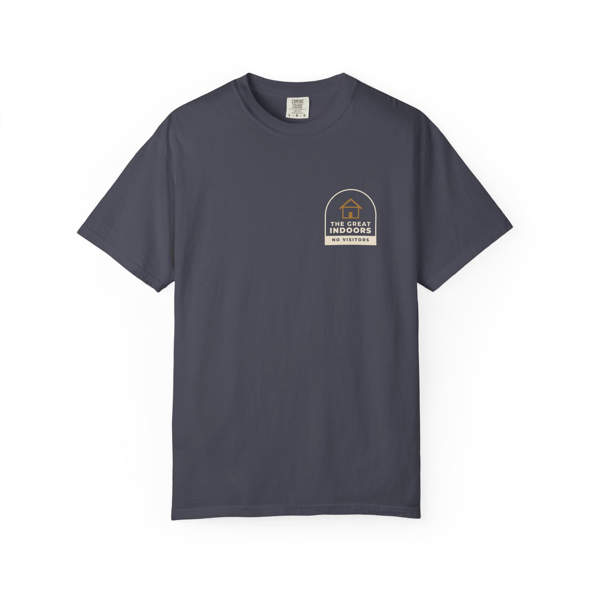 Front of the navy The Great Indoors tee by Mildly Unavailable: a small left-chest The Great Indoors tee, no visitors