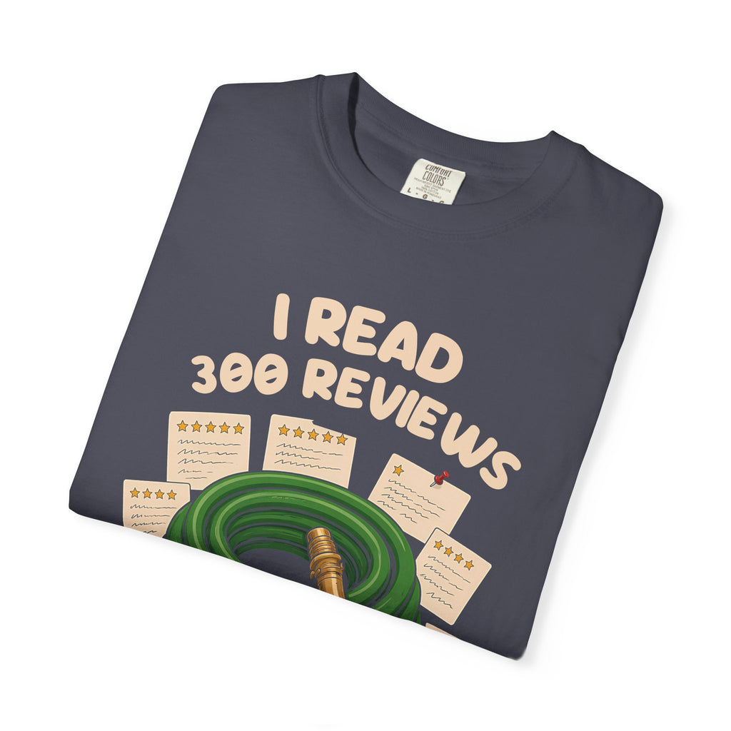 Folded navy I Read 300 Reviews for a Garden Hose tee by Mildly Unavailable, close-up of the front design