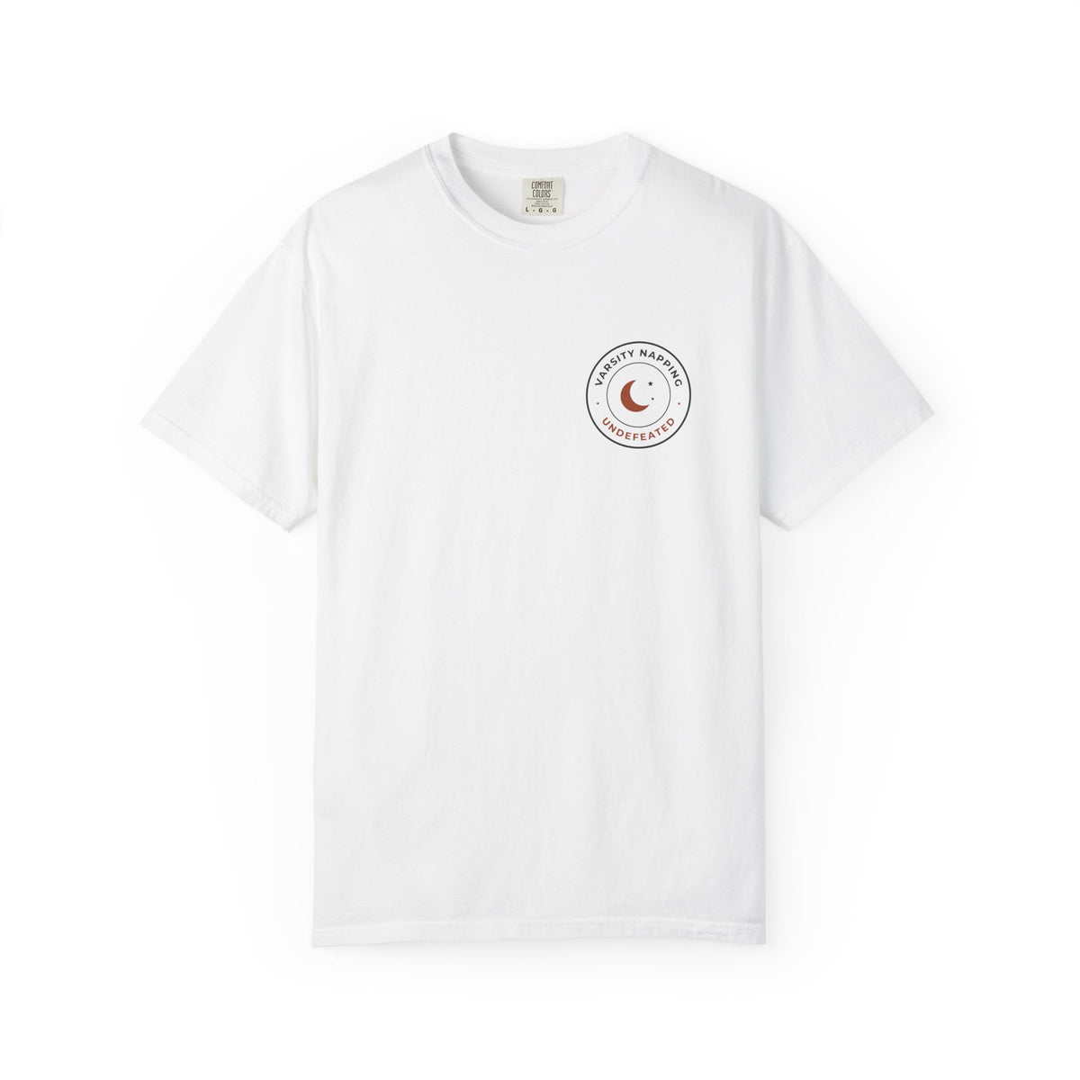 Front of the white Varsity Napping tee by Mildly Unavailable: a small left-chest Varsity Napping tee, undefeated