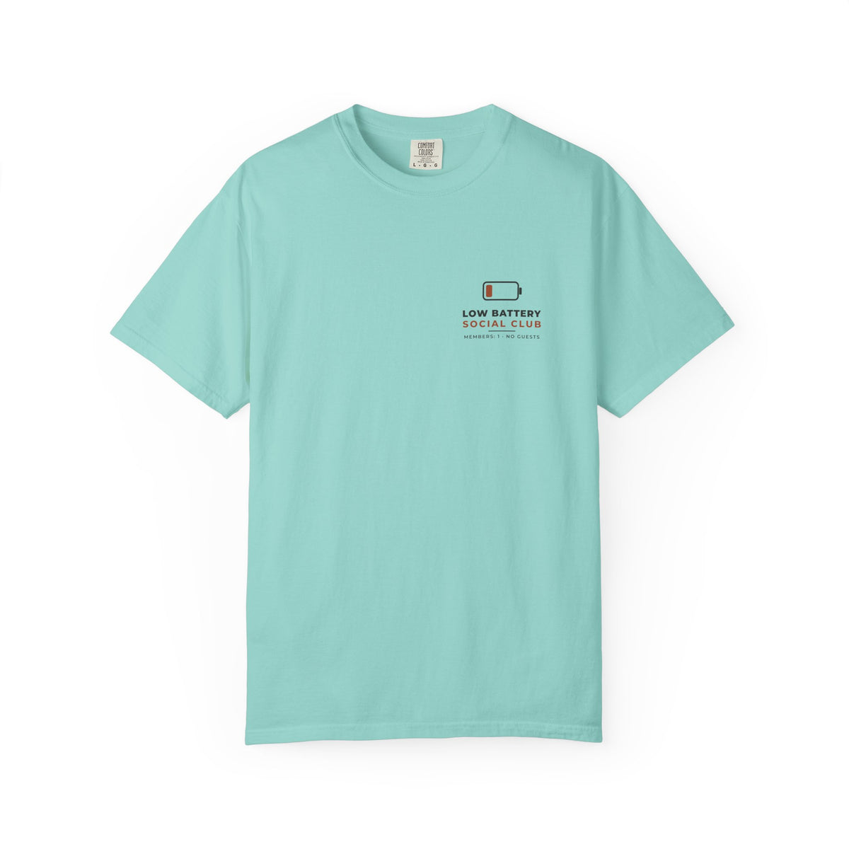 Front of the chalky mint Low Battery Social Club tee by Mildly Unavailable: a small left-chest Low Battery Social Club tee