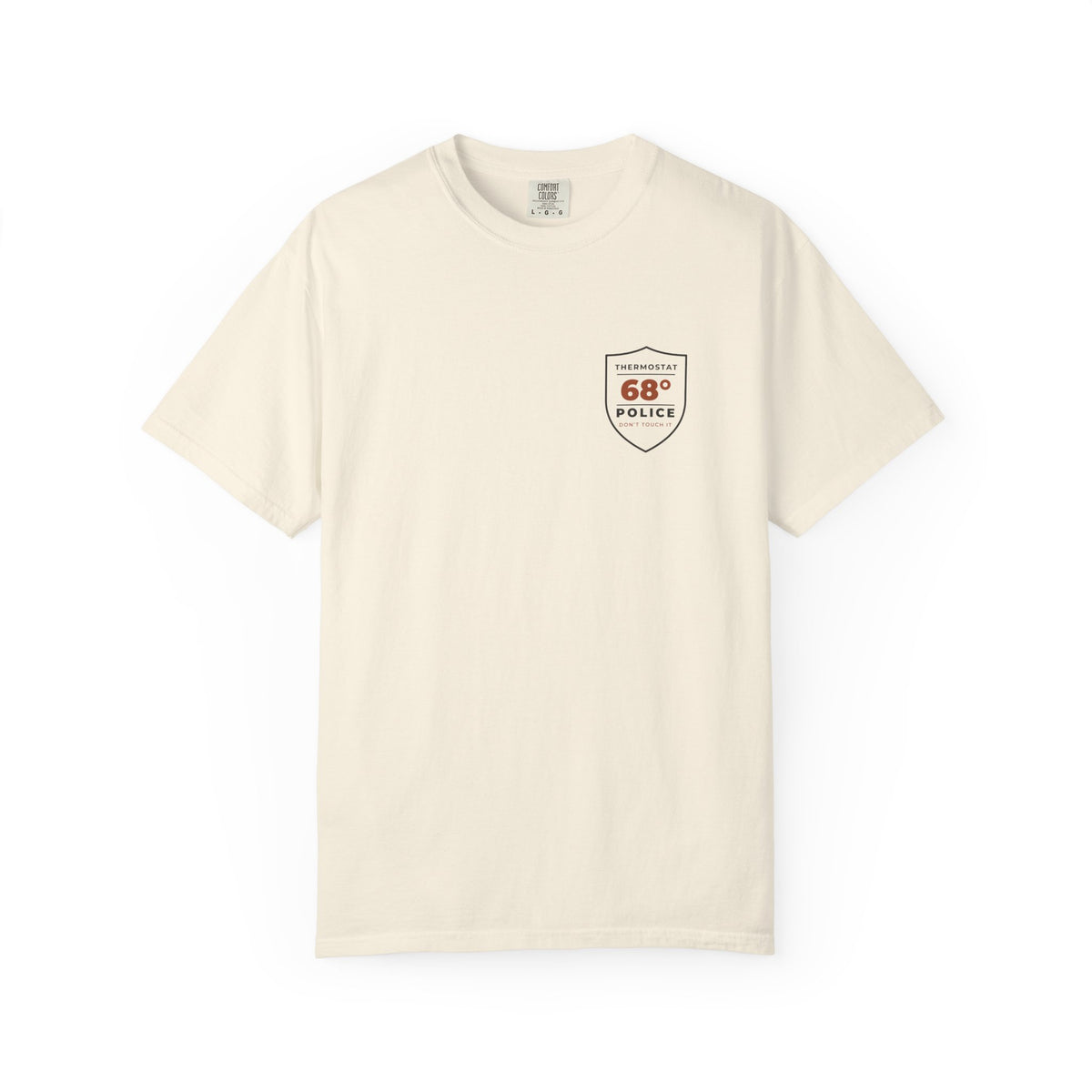 Front of the ivory Thermostat Police tee by Mildly Unavailable: a small left-chest Thermostat Police tee, 68°, don't touch it