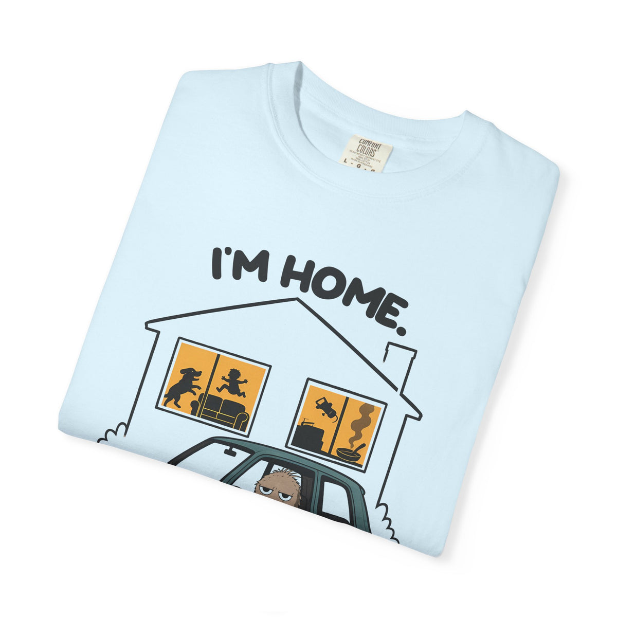 Folded chambray Just Sitting in the Car for a Minute Murray tee by Mildly Unavailable, close-up of the front design