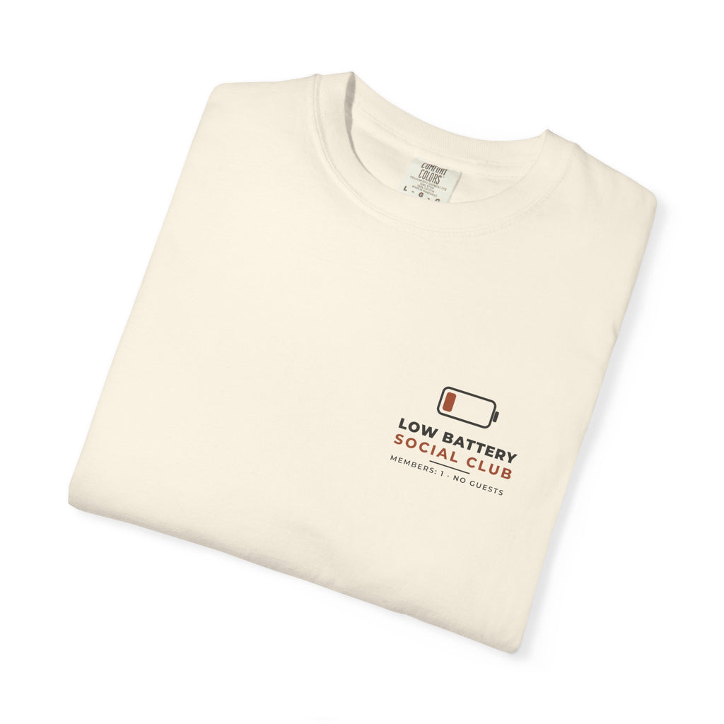 Folded ivory Low Battery Social Club tee by Mildly Unavailable