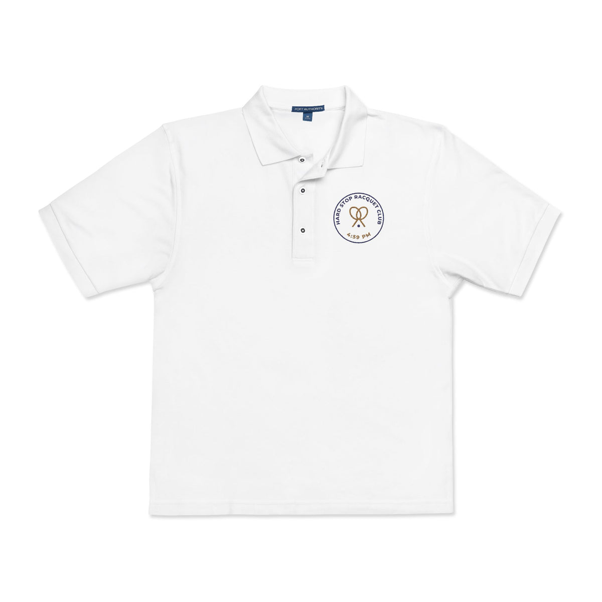 Front of the white Hard Stop Racquet Club polo by Mildly Unavailable: an embroidered Hard Stop Racquet Club polo, 4:59 PM