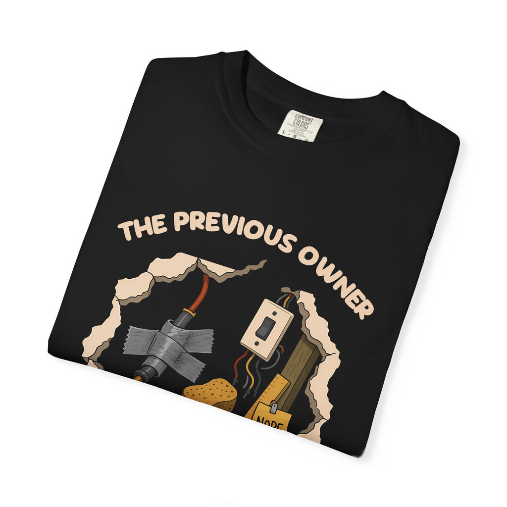 Folded black The Previous Owner Did It Himself tee by Mildly Unavailable, close-up of the front design