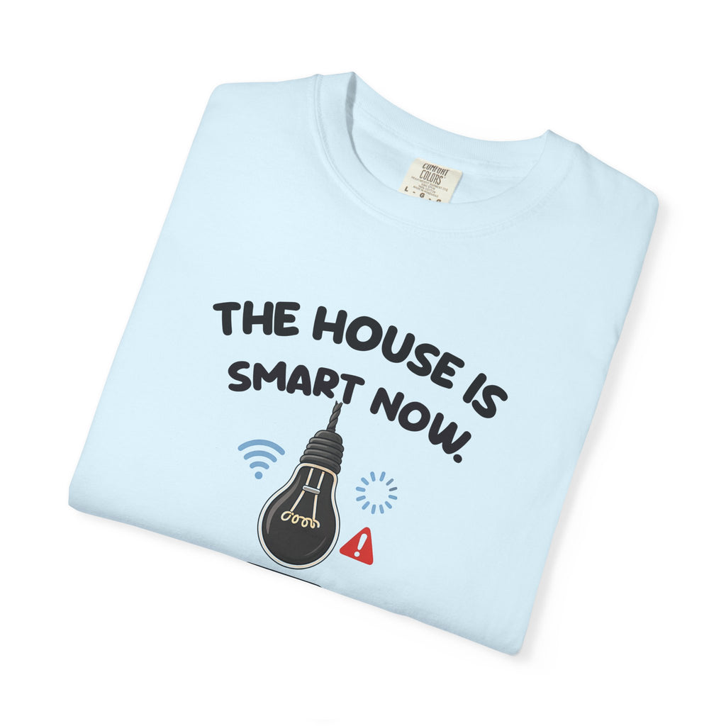 Folded chambray The House Is Smart Now tee by Mildly Unavailable, close-up of the front design