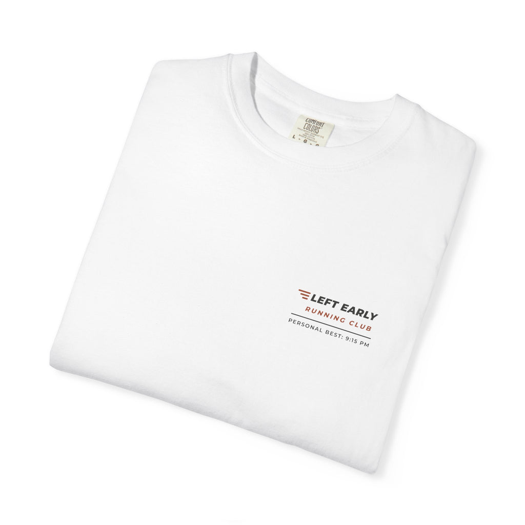 Folded white Left Early Running Club tee by Mildly Unavailable