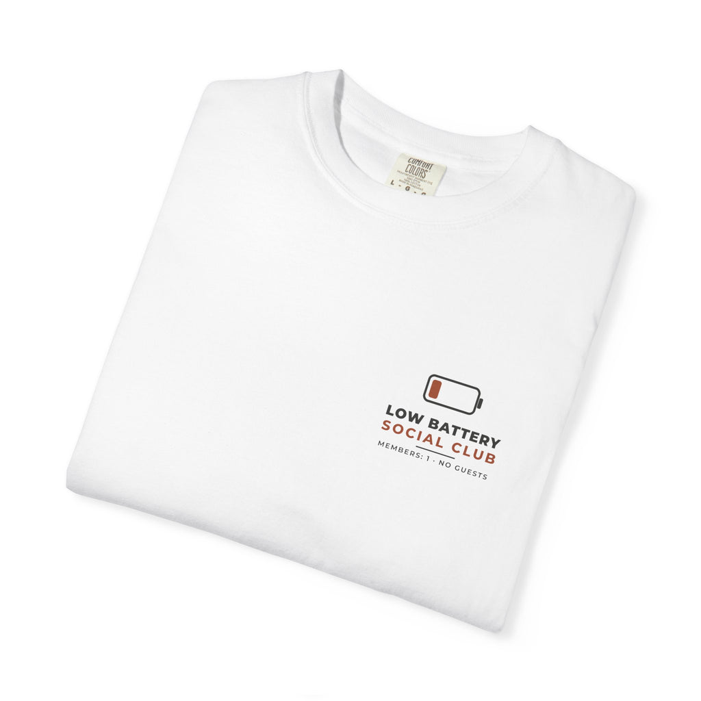 Folded white Low Battery Social Club tee by Mildly Unavailable