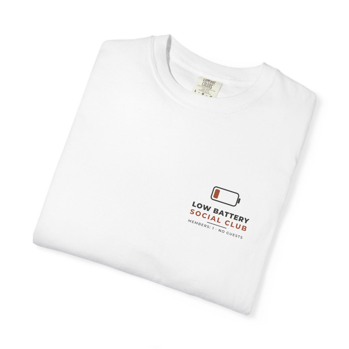 Folded white Low Battery Social Club tee by Mildly Unavailable