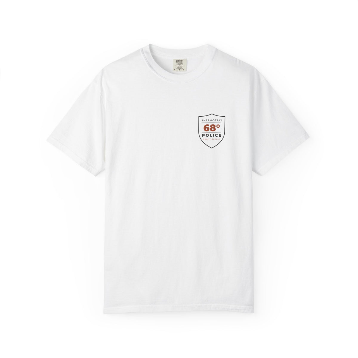 Front of the white Thermostat Police tee by Mildly Unavailable: a small left-chest Thermostat Police tee, 68°, don't touch it