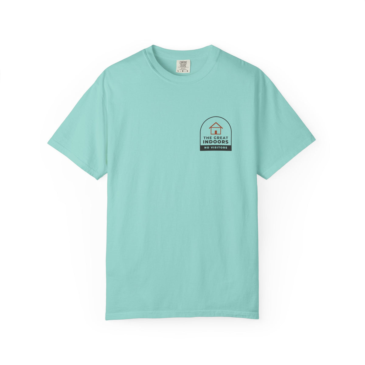 Front of the chalky mint The Great Indoors tee by Mildly Unavailable: a small left-chest The Great Indoors tee, no visitors
