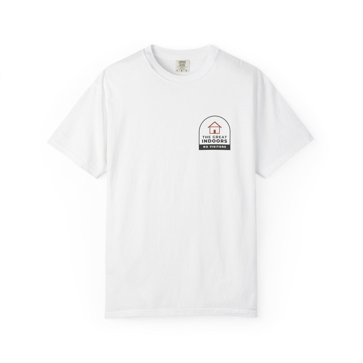 Front of the white The Great Indoors tee by Mildly Unavailable: a small left-chest The Great Indoors tee, no visitors