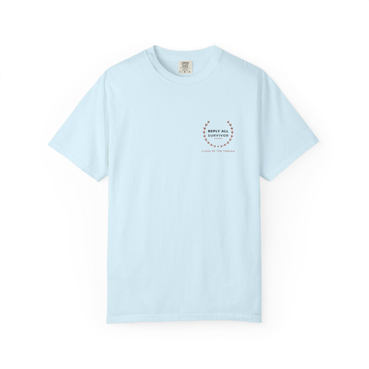 Front of the chambray Reply All Survivor tee by Mildly Unavailable: a small left-chest Reply All Survivor tee, Class of the Thread
