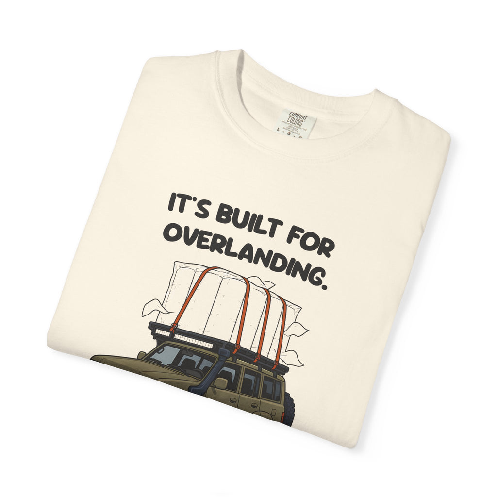 Folded ivory Built for Overlanding tee by Mildly Unavailable, close-up of the front design