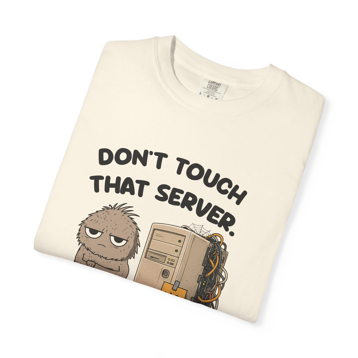 Folded ivory Don't Touch That Server Murray tee by Mildly Unavailable, close-up of the front design
