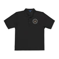 Front of the black Circling Back Athletic Dept. polo by Mildly Unavailable: an embroidered Circling Back Athletic Dept