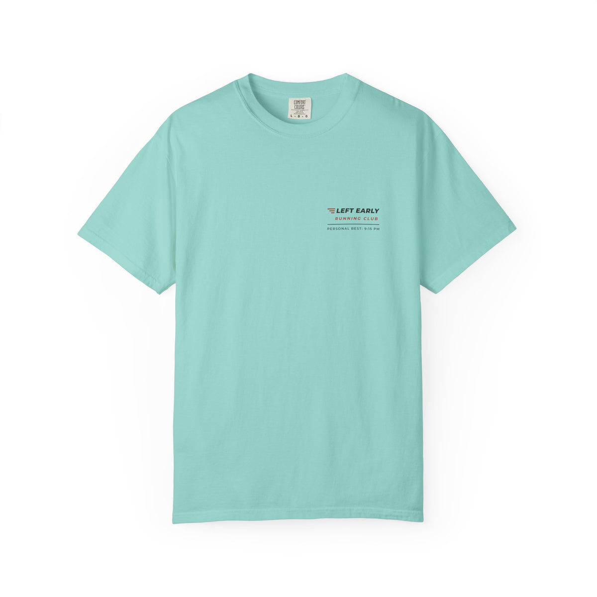 Front of the chalky mint Left Early Running Club tee by Mildly Unavailable: a small left-chest Left Early Running Club tee, personal best 9:15 PM