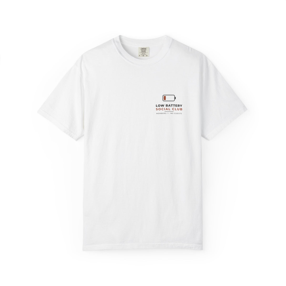 Front of the white Low Battery Social Club tee by Mildly Unavailable: a small left-chest Low Battery Social Club tee