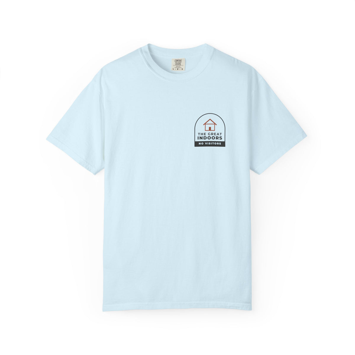 Front of the chambray The Great Indoors tee by Mildly Unavailable: a small left-chest The Great Indoors tee, no visitors
