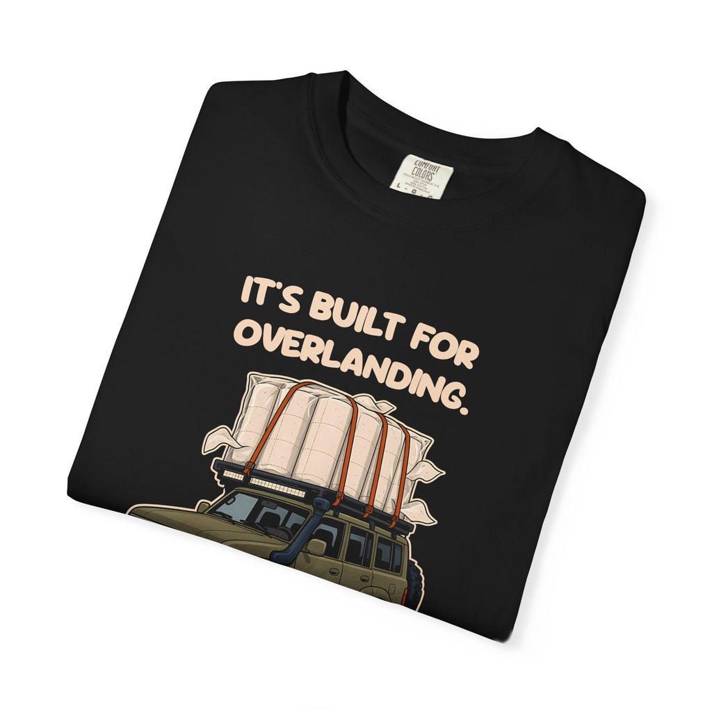 Folded black Built for Overlanding tee by Mildly Unavailable, close-up of the front design