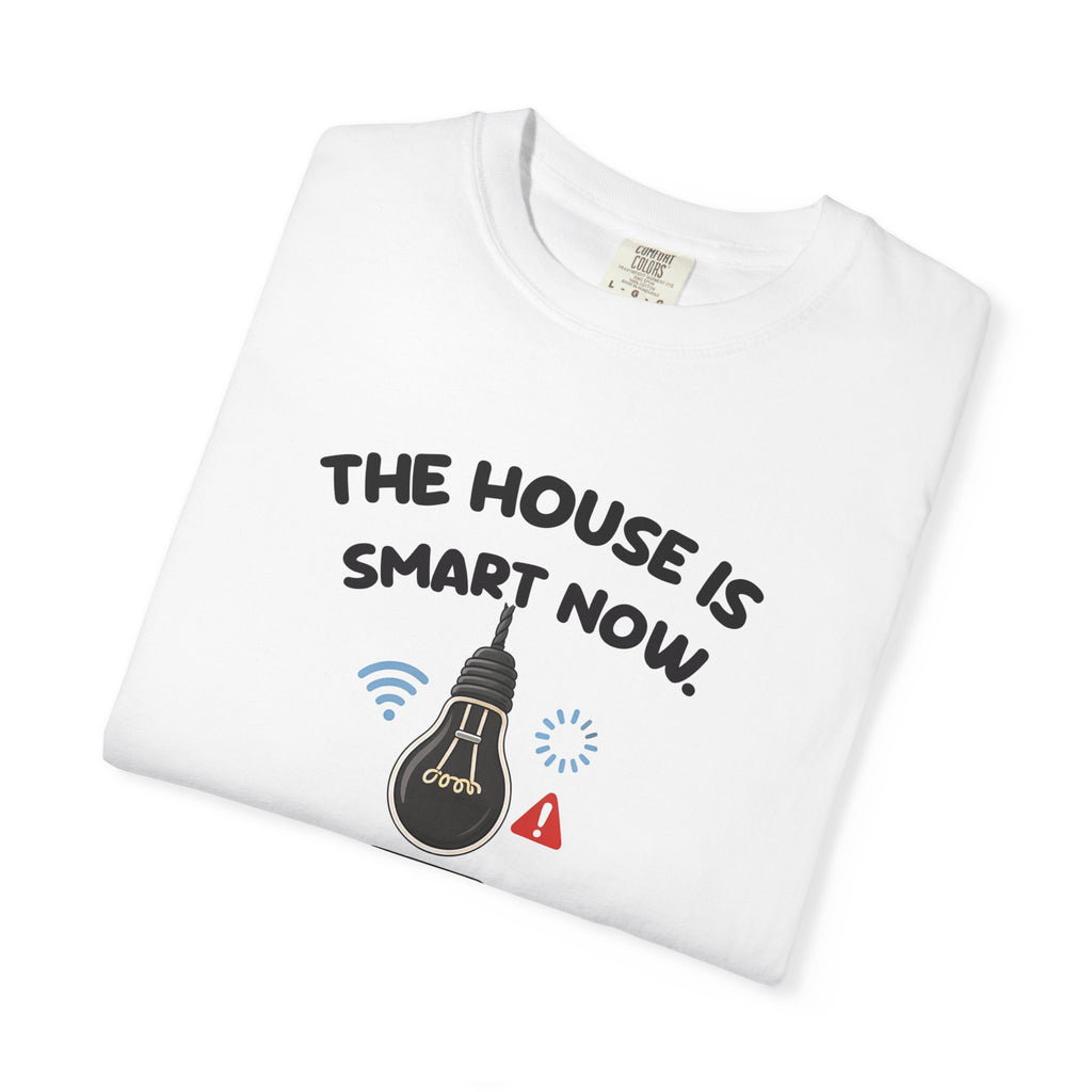 Folded white The House Is Smart Now tee by Mildly Unavailable, close-up of the front design
