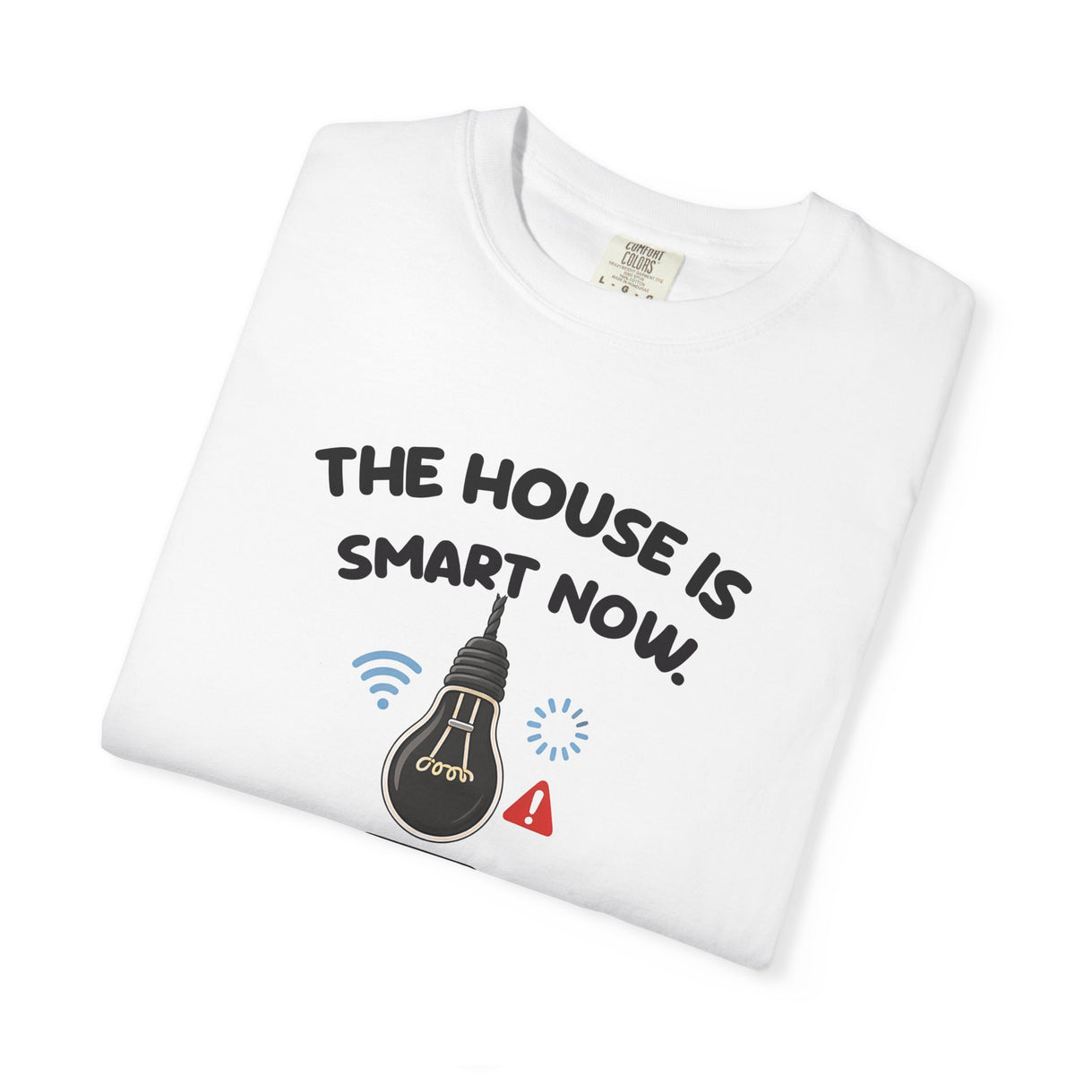Folded white The House Is Smart Now tee by Mildly Unavailable, close-up of the front design