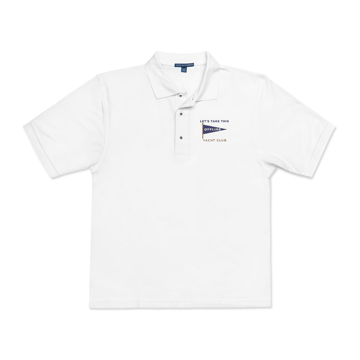 Front of the white Let's Take This Offline Yacht Club polo by Mildly Unavailable: an embroidered Let's Take This Offline Yacht Club pennant polo