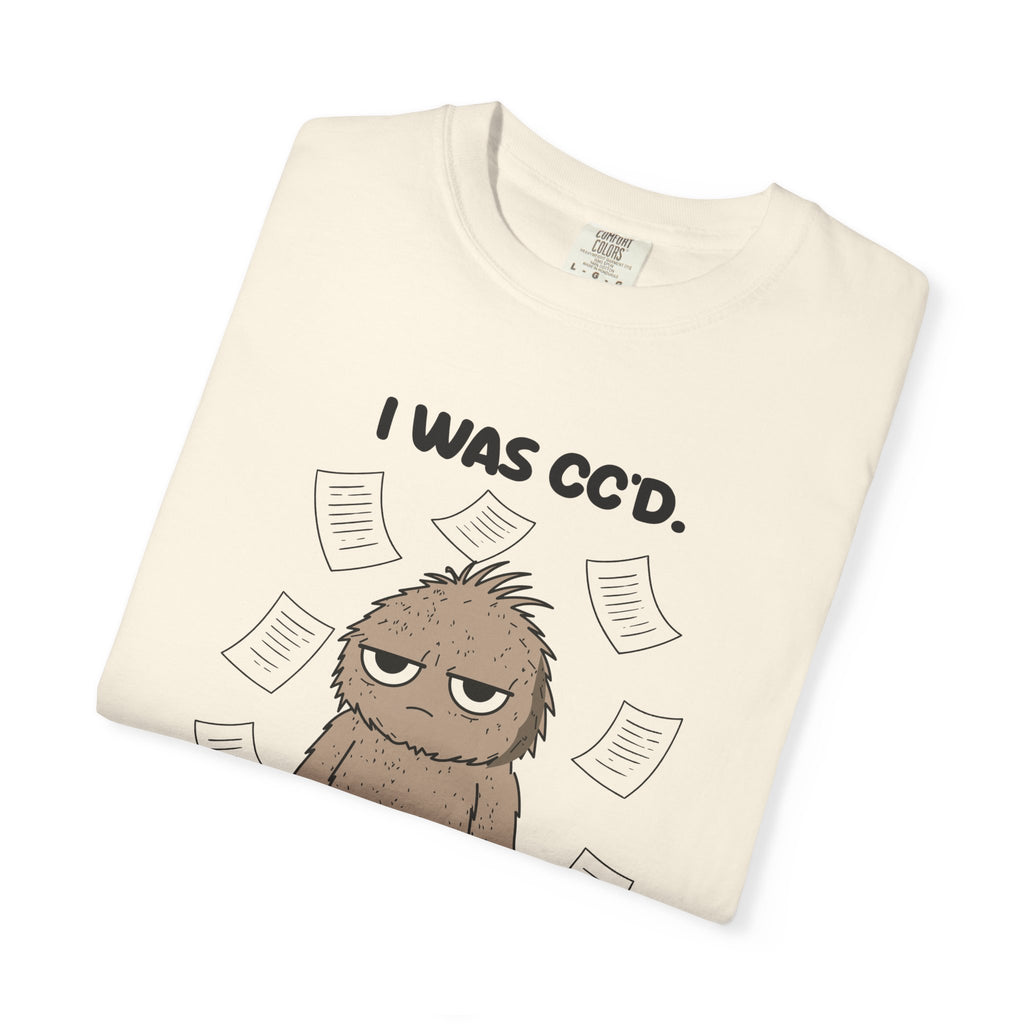 Folded ivory I Was CC'd Murray tee by Mildly Unavailable, close-up of the front design