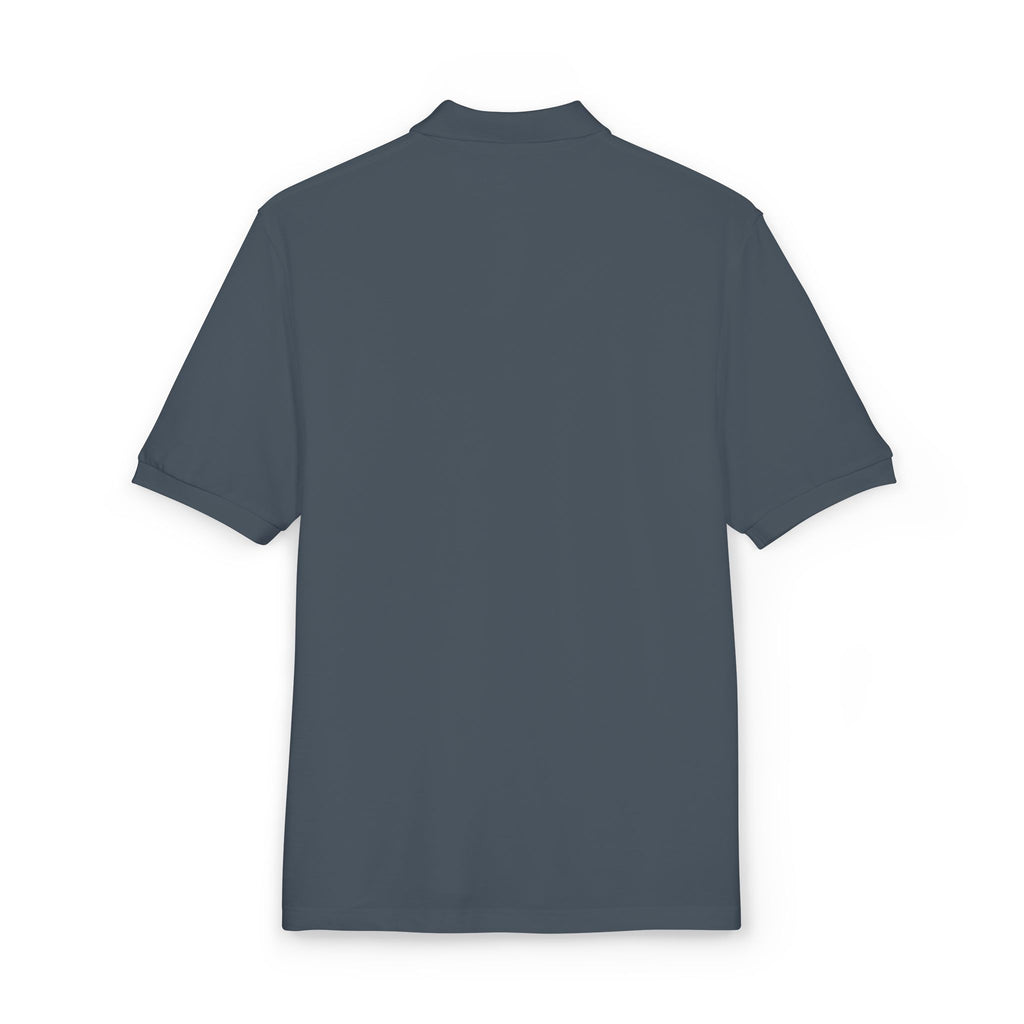 Back of the steel grey Circling Back Athletic Dept. polo by Mildly Unavailable