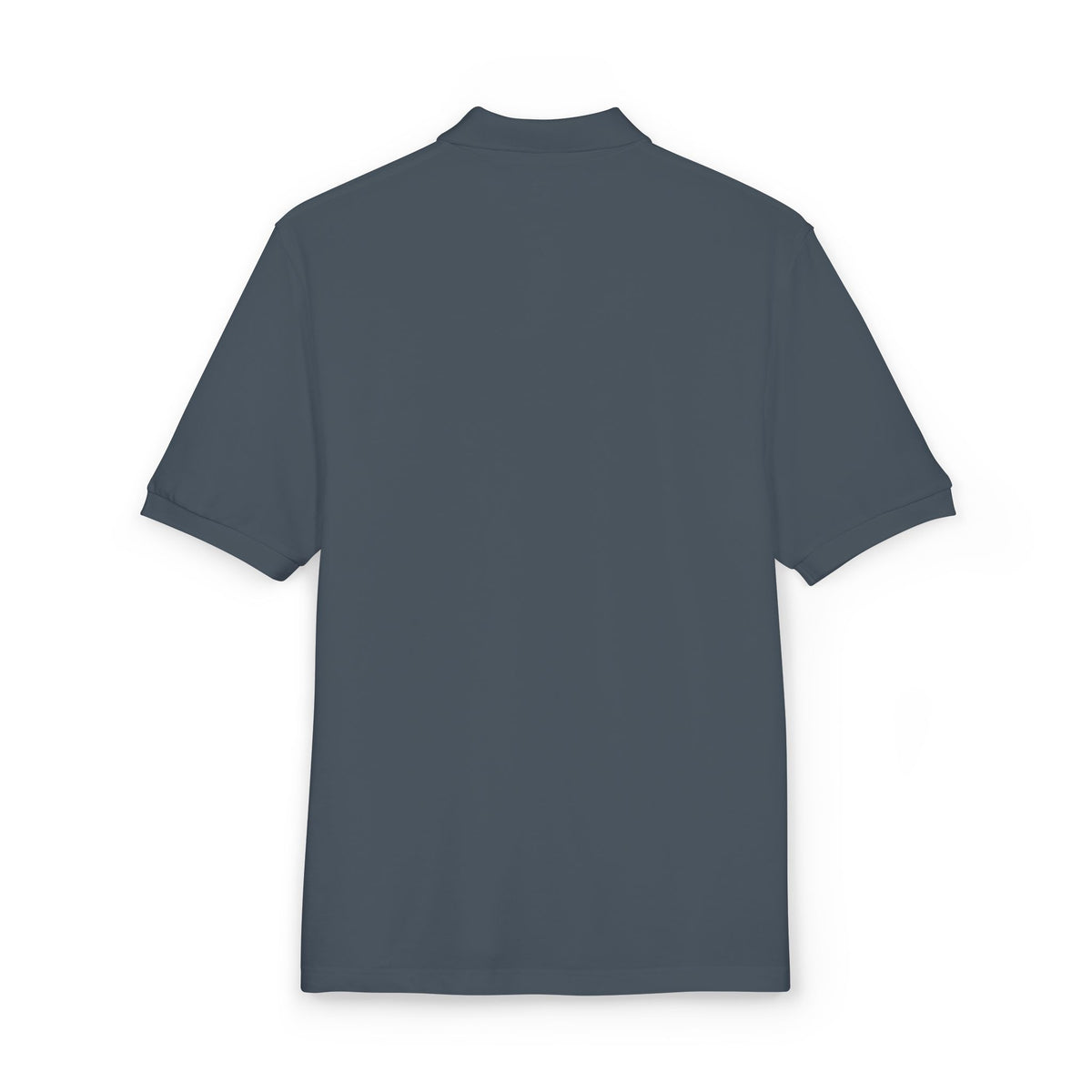 Back of the steel grey Circling Back Athletic Dept. polo by Mildly Unavailable