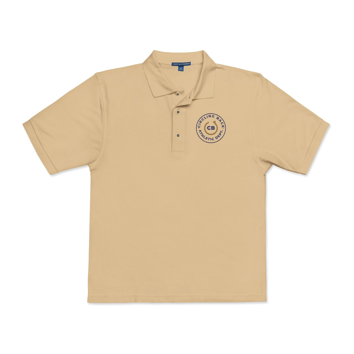 Front of the stone Circling Back Athletic Dept. polo by Mildly Unavailable: an embroidered Circling Back Athletic Dept