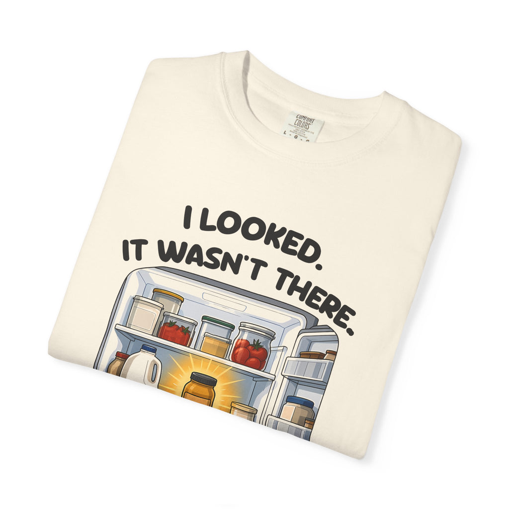 Folded ivory I Looked. It Wasn't There. It Was There. tee by Mildly Unavailable, close-up of the front design