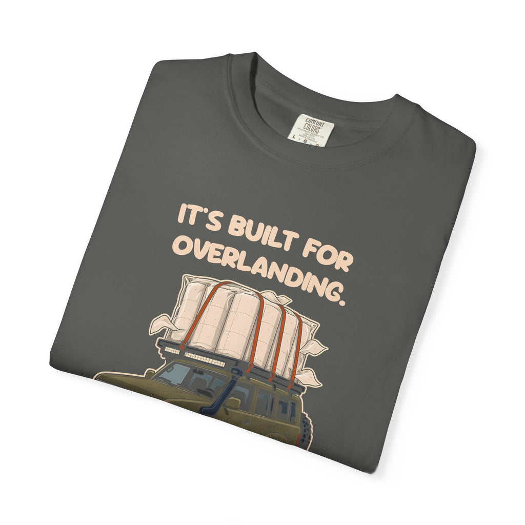 Folded pepper Built for Overlanding tee by Mildly Unavailable, close-up of the front design