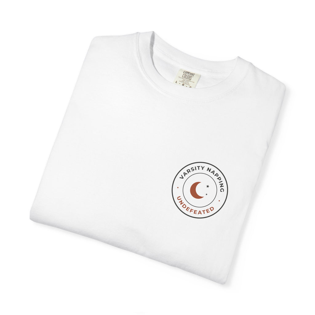 Folded white Varsity Napping tee by Mildly Unavailable