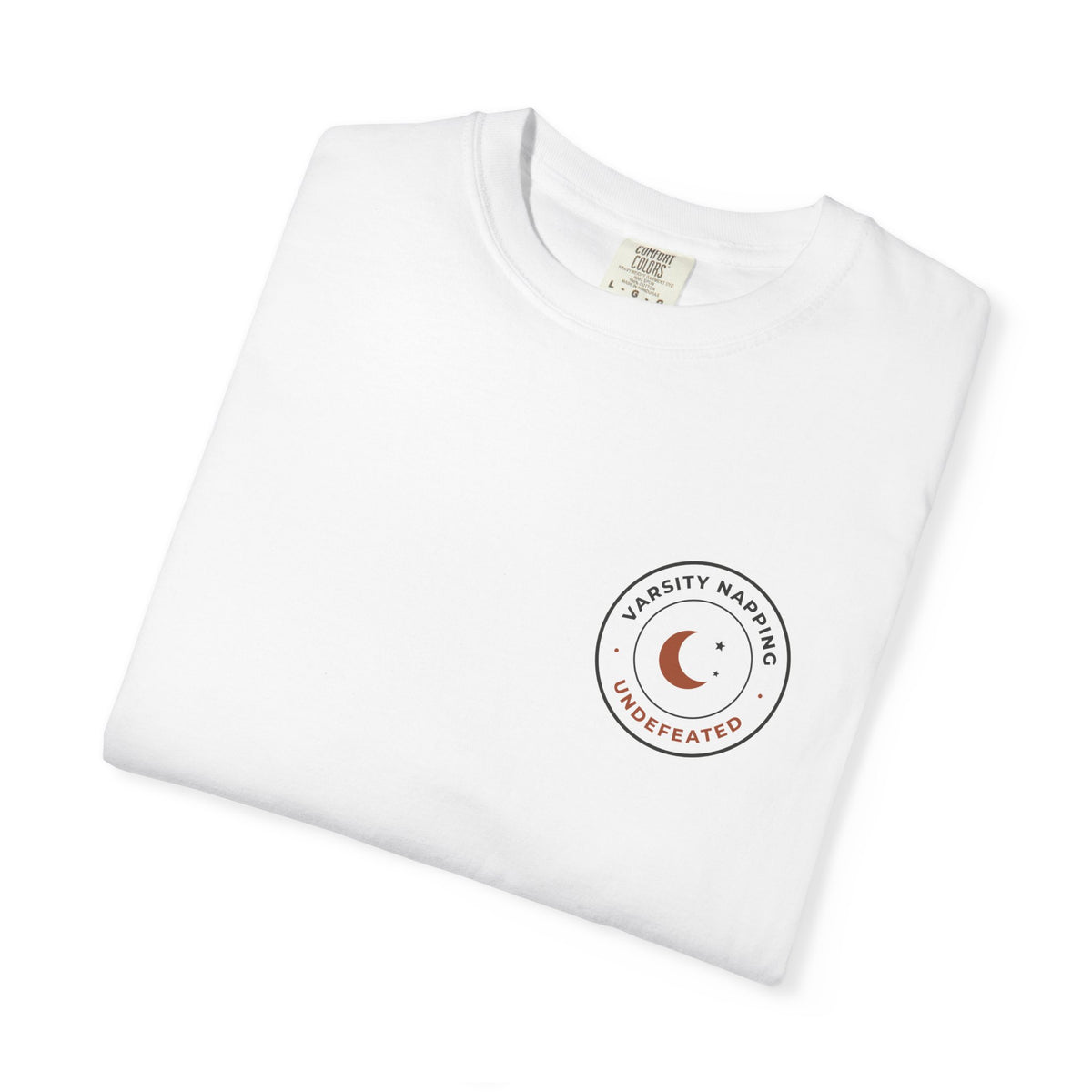 Folded white Varsity Napping tee by Mildly Unavailable