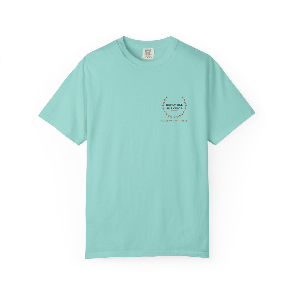 Front of the chalky mint Reply All Survivor tee by Mildly Unavailable: a small left-chest Reply All Survivor tee, Class of the Thread