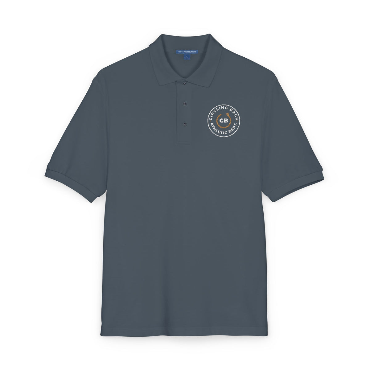 Close-up of the embroidered chest on the steel grey Circling Back Athletic Dept. polo by Mildly Unavailable