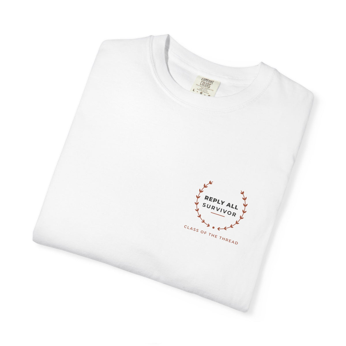 Folded white Reply All Survivor tee by Mildly Unavailable