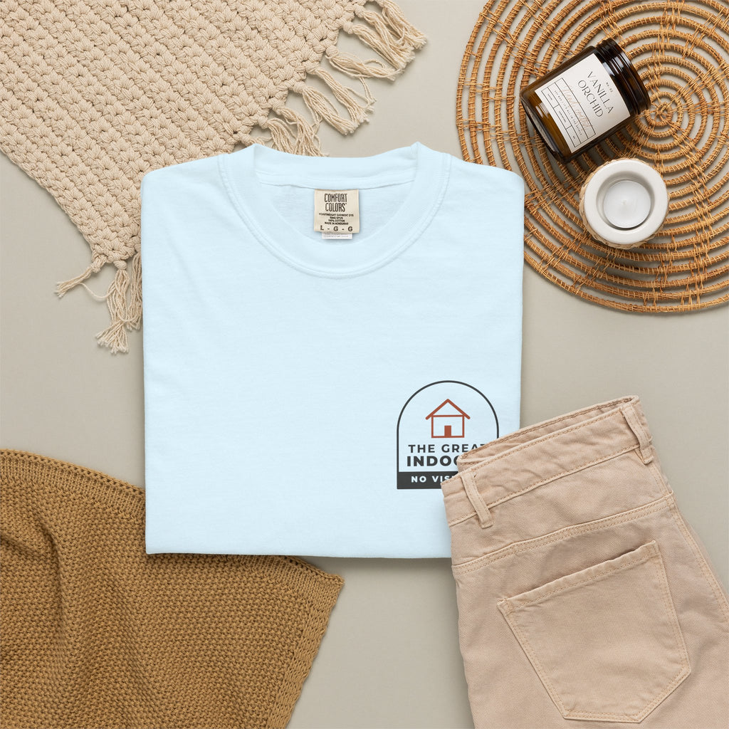 Flat-lay of the chambray The Great Indoors tee by Mildly Unavailable