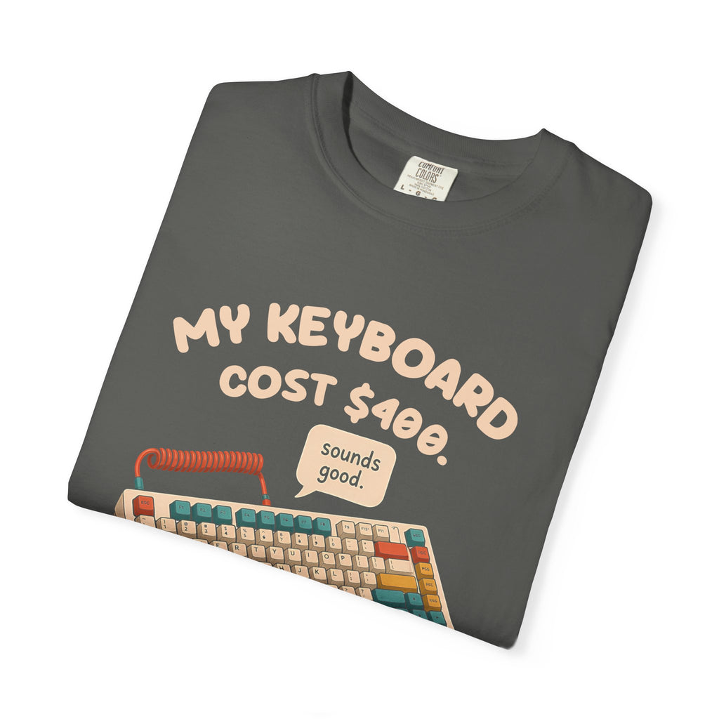 Folded pepper My Keyboard Cost $400 tee by Mildly Unavailable, close-up of the front design