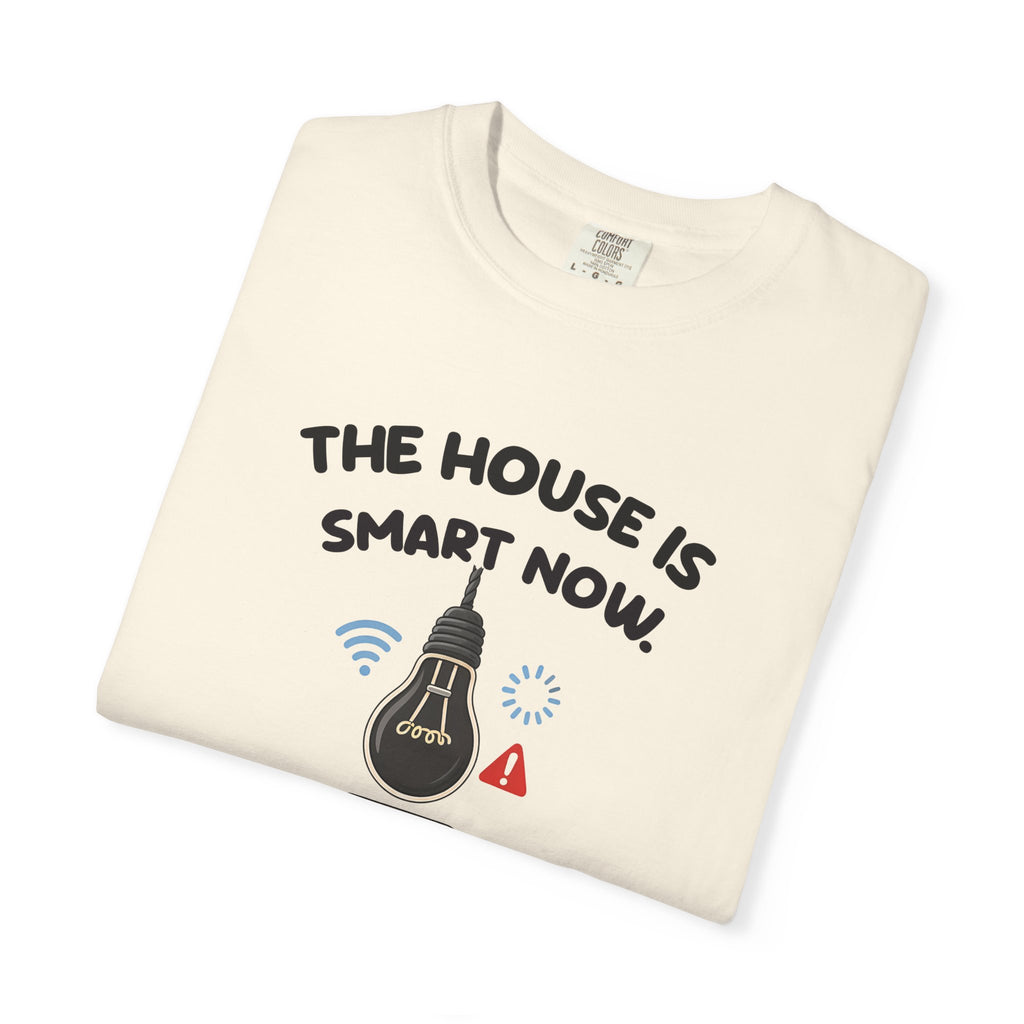 Folded ivory The House Is Smart Now tee by Mildly Unavailable, close-up of the front design