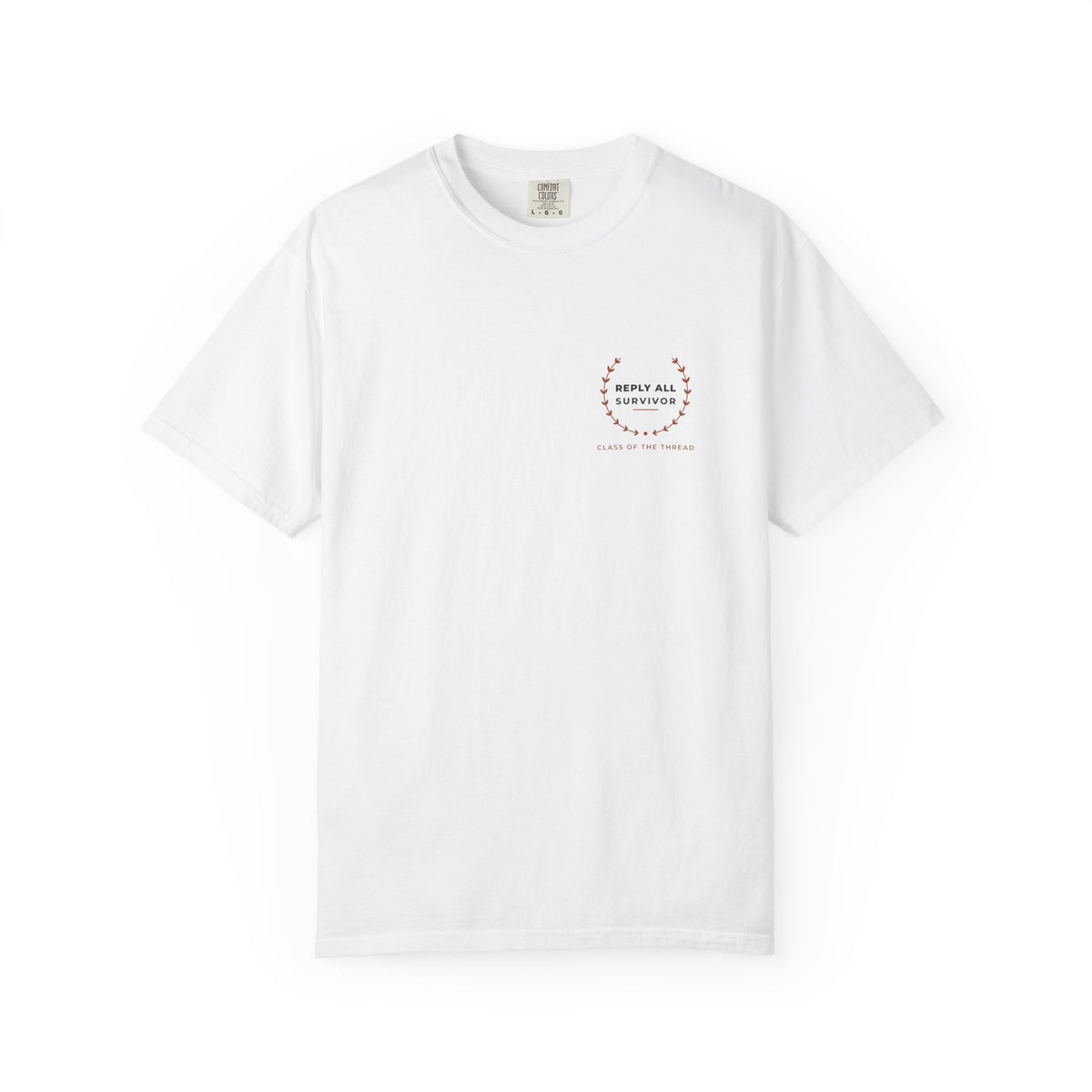 Front of the white Reply All Survivor tee by Mildly Unavailable: a small left-chest Reply All Survivor tee, Class of the Thread