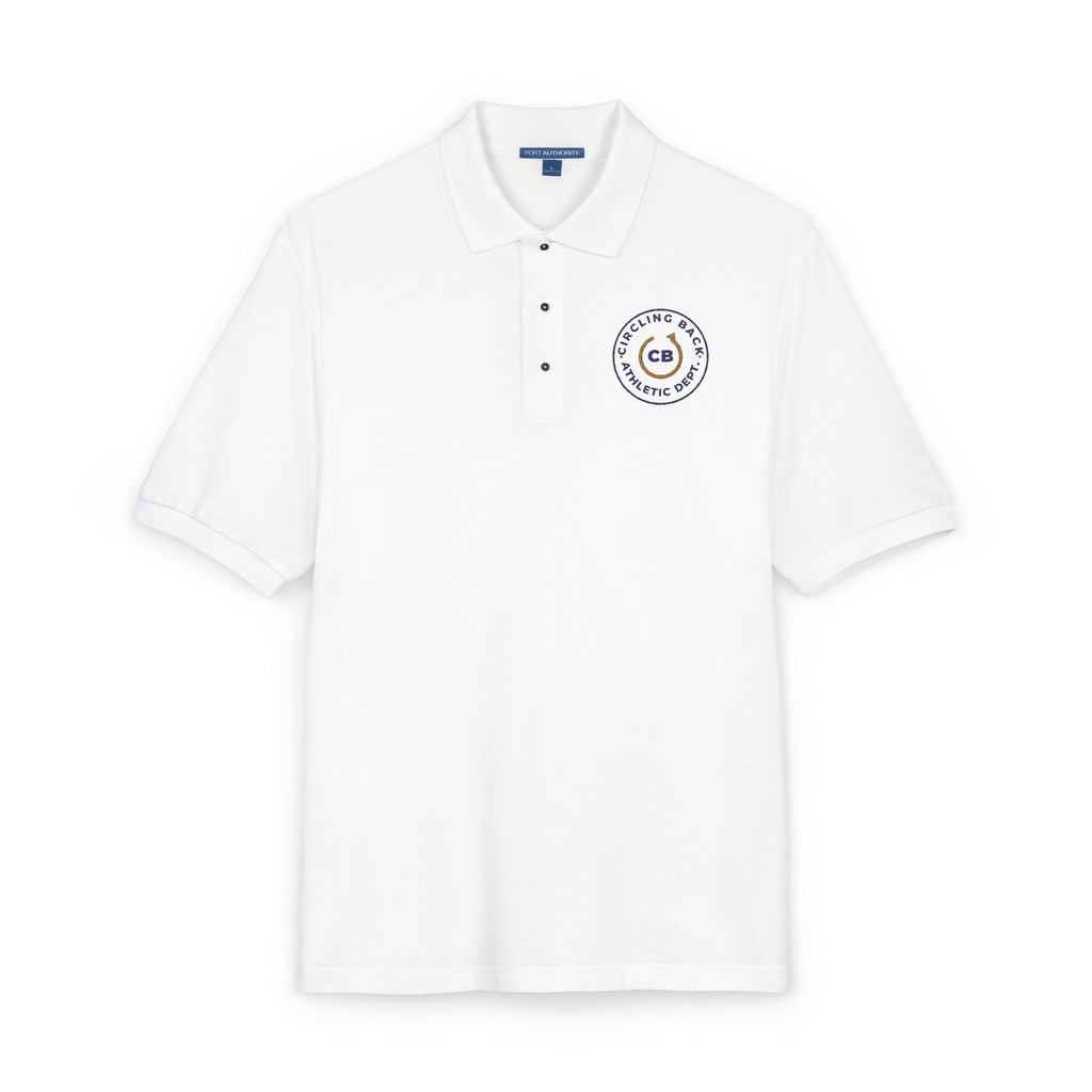 Close-up of the embroidered chest on the white Circling Back Athletic Dept. polo by Mildly Unavailable